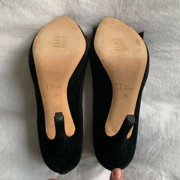 Vintage Christian Dior Logo Mirror Bow Ribbon Velvet Peep Toe Pumps Heels Black - Picture 10 of 11